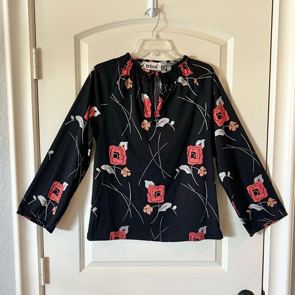 Vintage Trissi Black Floral Blouse Smocked Neck Tie V-Neck Top